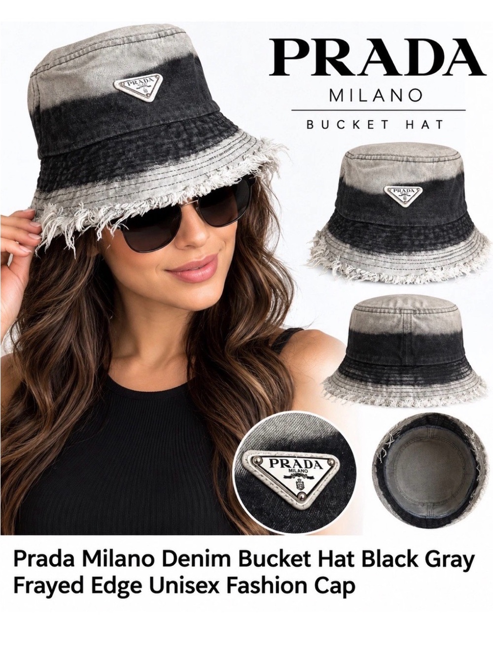 Prada Black and Gray Denim Frayed-Edge Bucket Hat